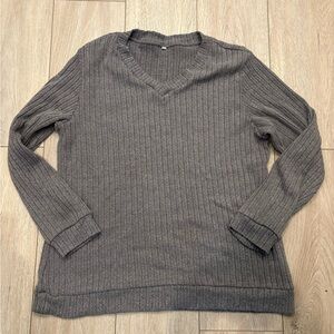 Gray V-Neck Ribbed Womens  Sweater